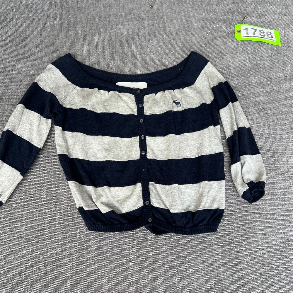 Abercrombie & Fitch Cardigan Sweater Womens Small Gray Navy Striped Boat Neck